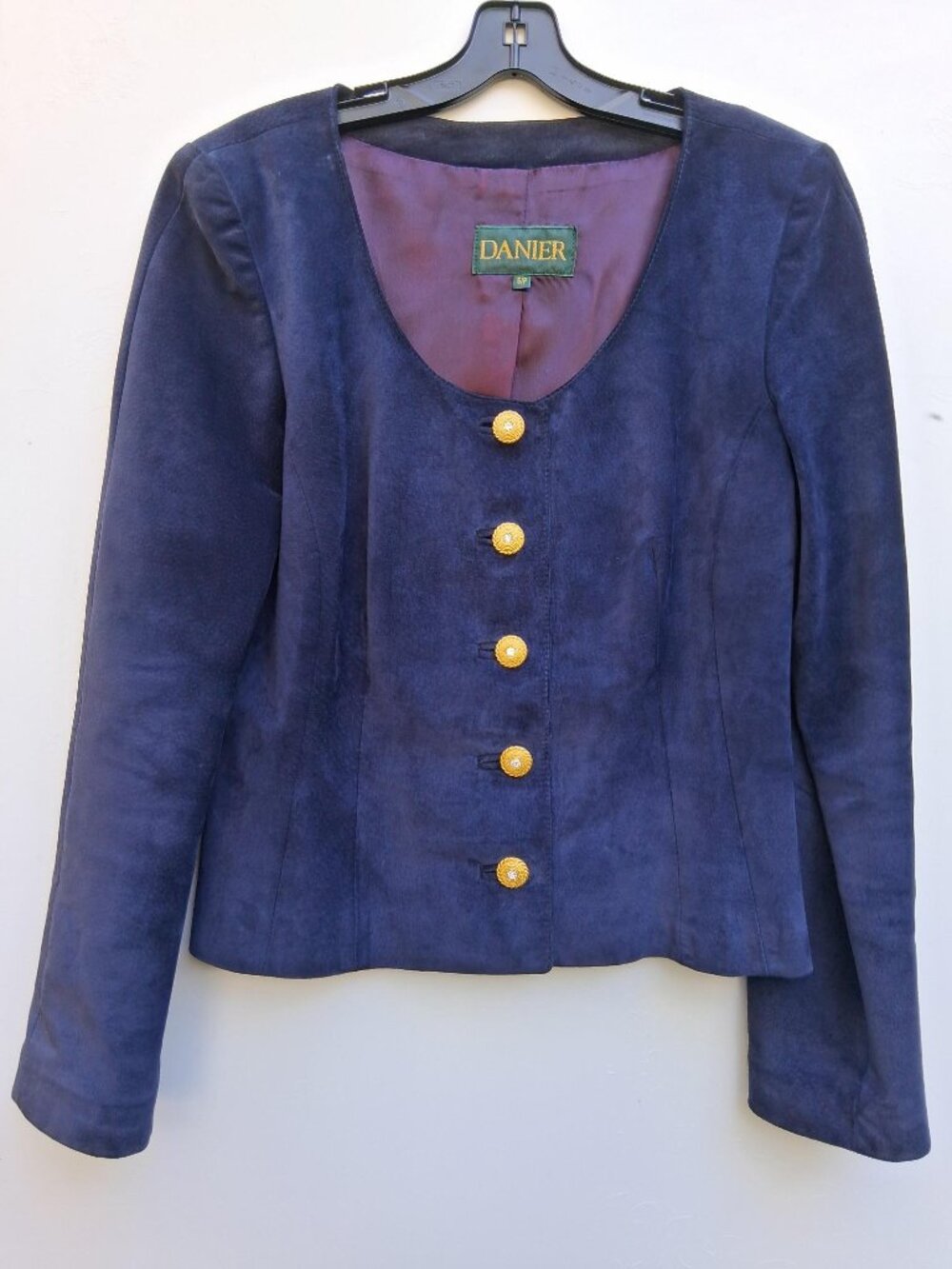Vintage DANIER women suede collarless tailored button-front jacket, navy (s. S)
